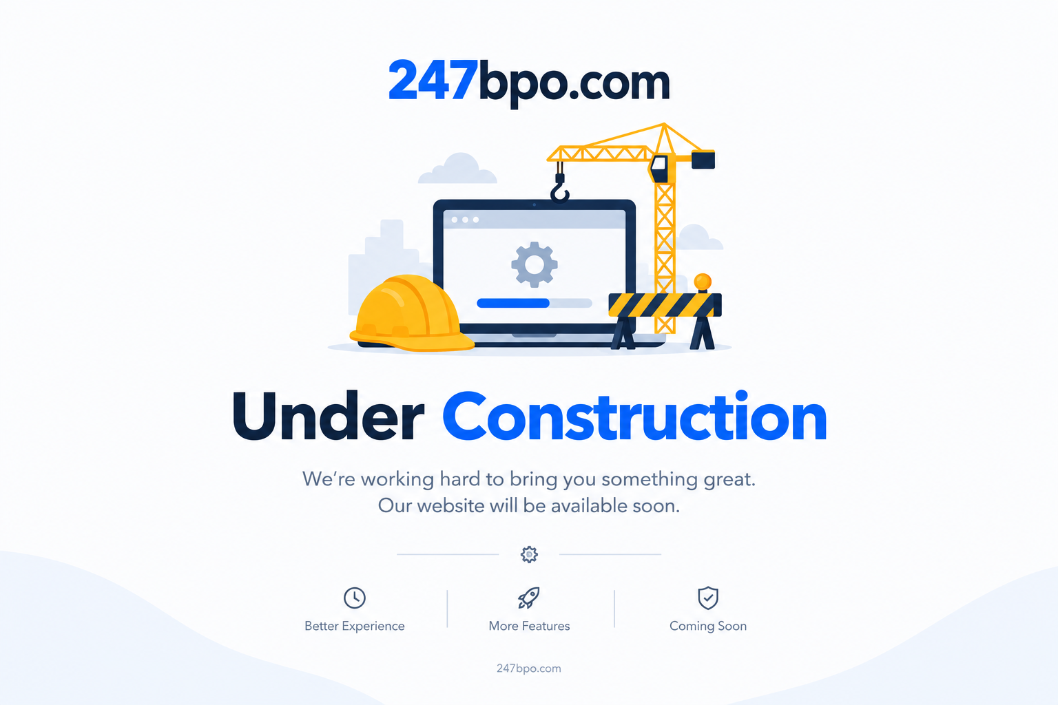 Illustration of a website being built, with a computer, gear, crane and construction helmet